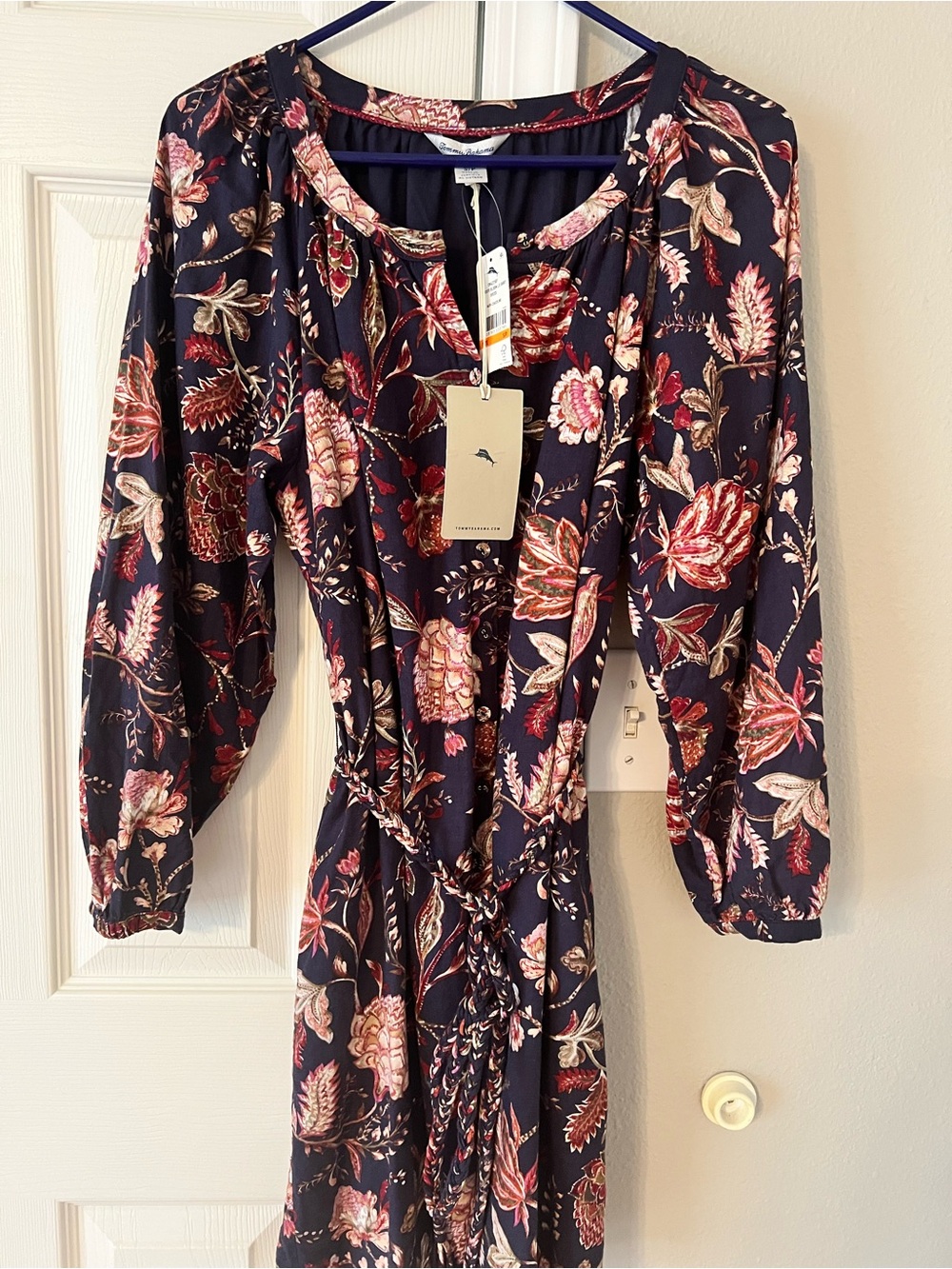 Tommy Bahama Navy Floral Long-Sleeve Tie-Waist Dress